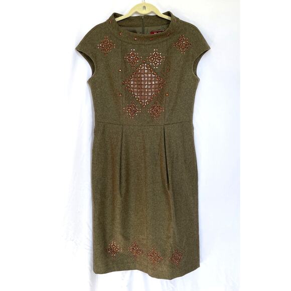 Max Mara Studio Green Brown Wool Studio Sheath Dress Mod Retro, 10 - Picture 2 of 5